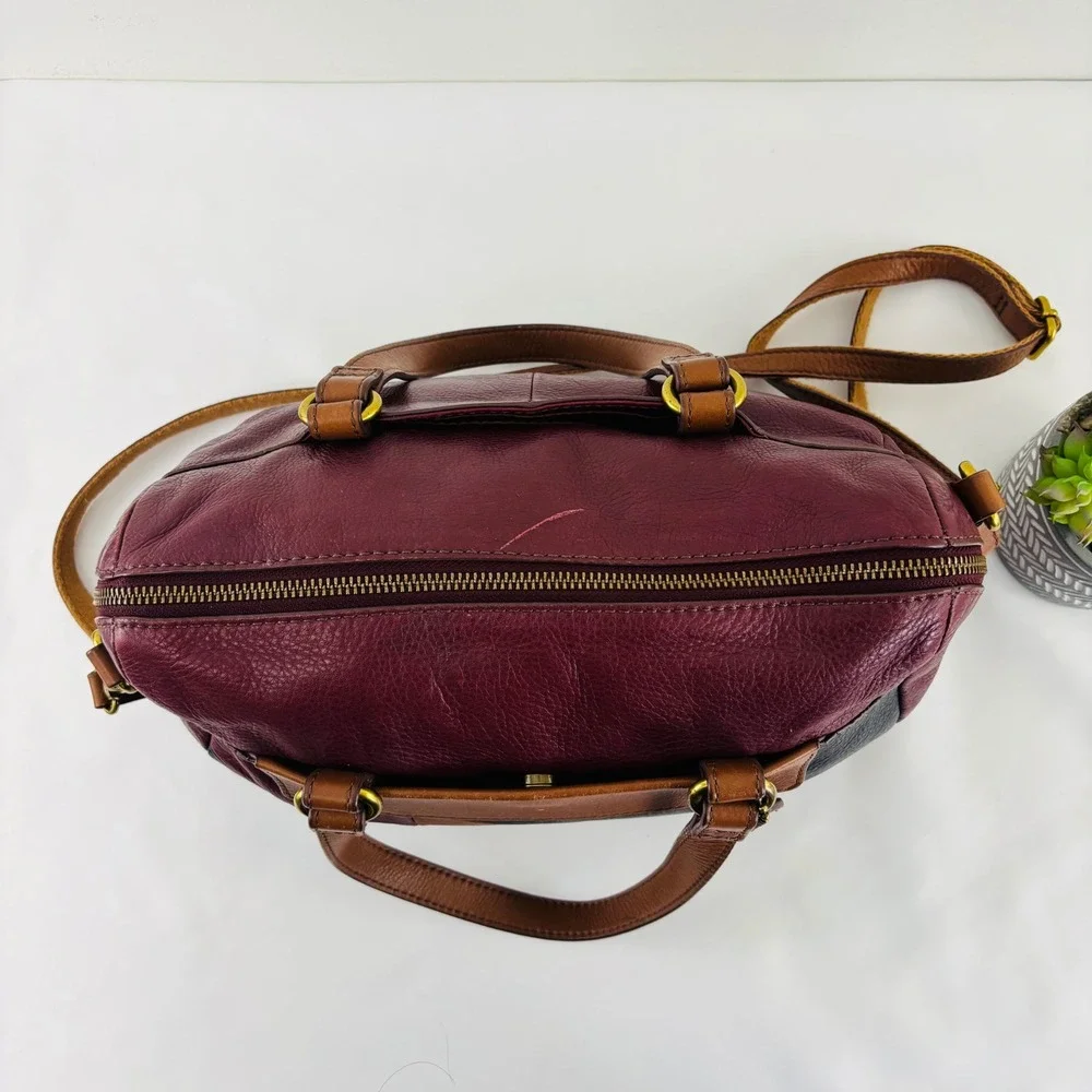 Fossil Burgundy Brown Leather Geometric‎ Patchwork Satchel Crossbody Bag